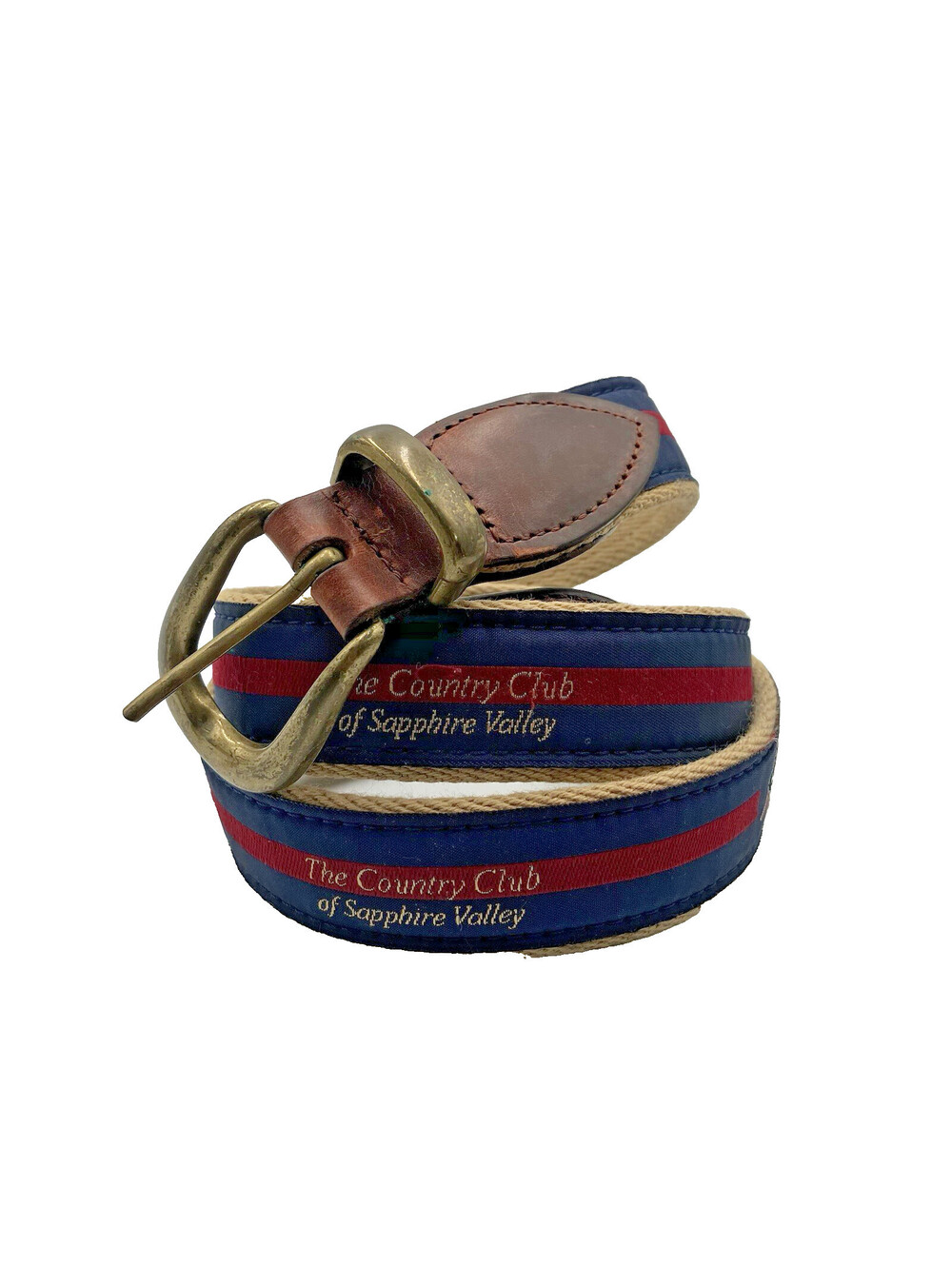 YRI Mens Belt Size 36 Navy Red Stripe Leather Trim Brass Buckle Made USA